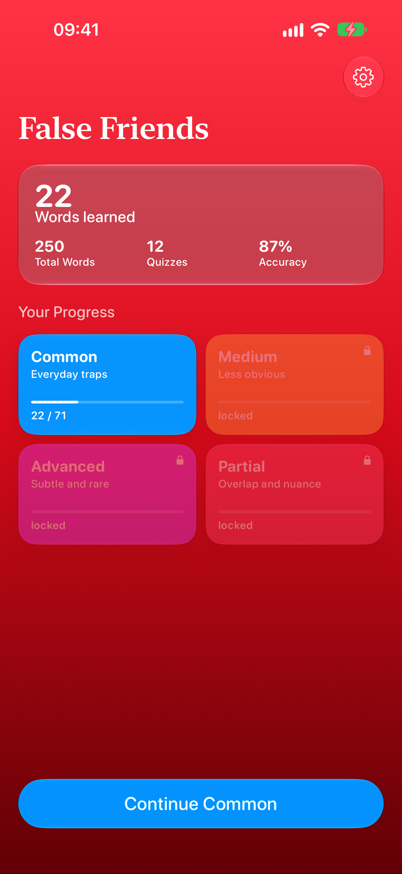 False Friends home screen showing learned words, accuracy and progress by level