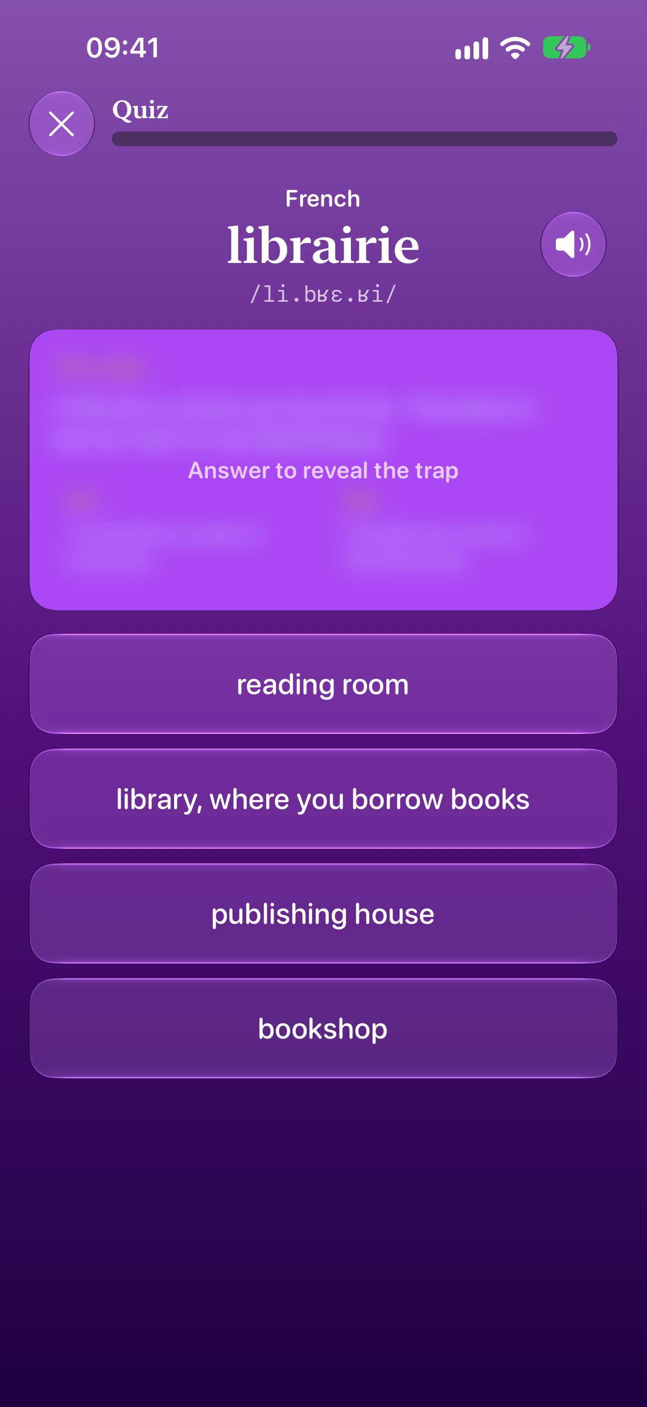 False Friends quiz asking for the meaning of the French word librairie