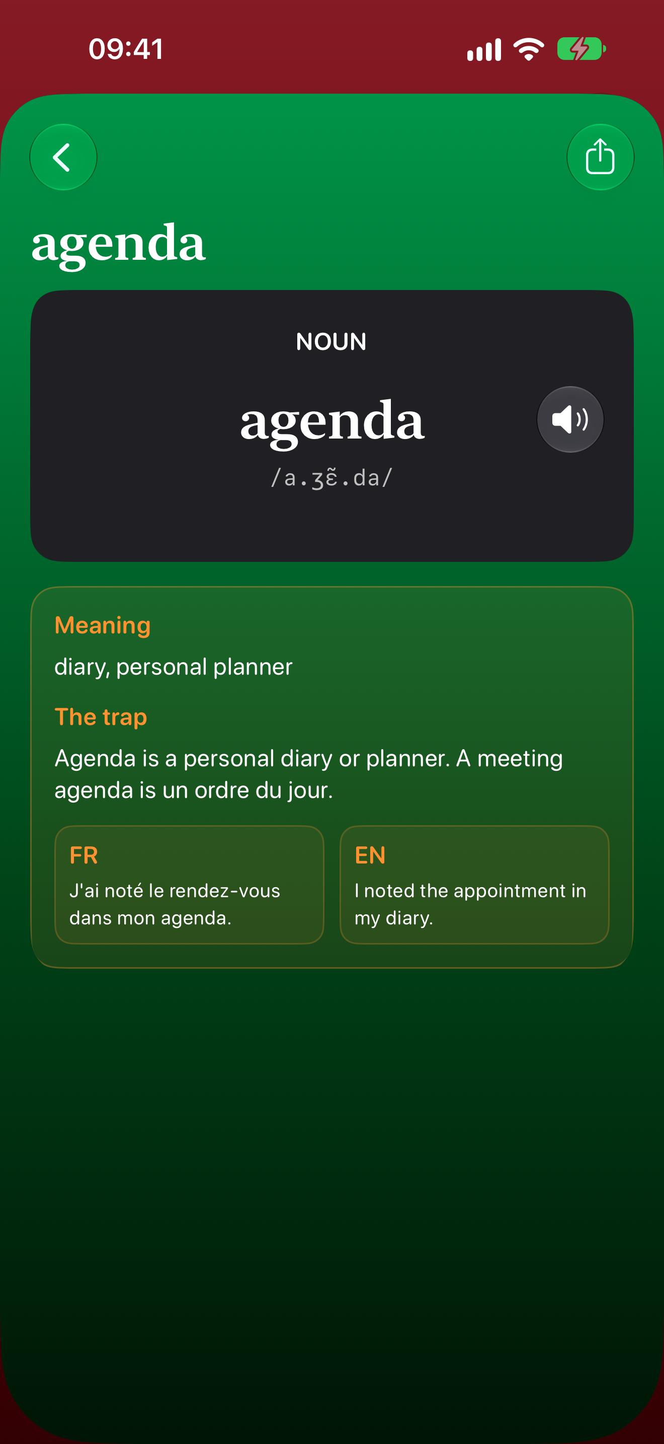 False Friends word detail with meaning, trap, examples and pronunciation control