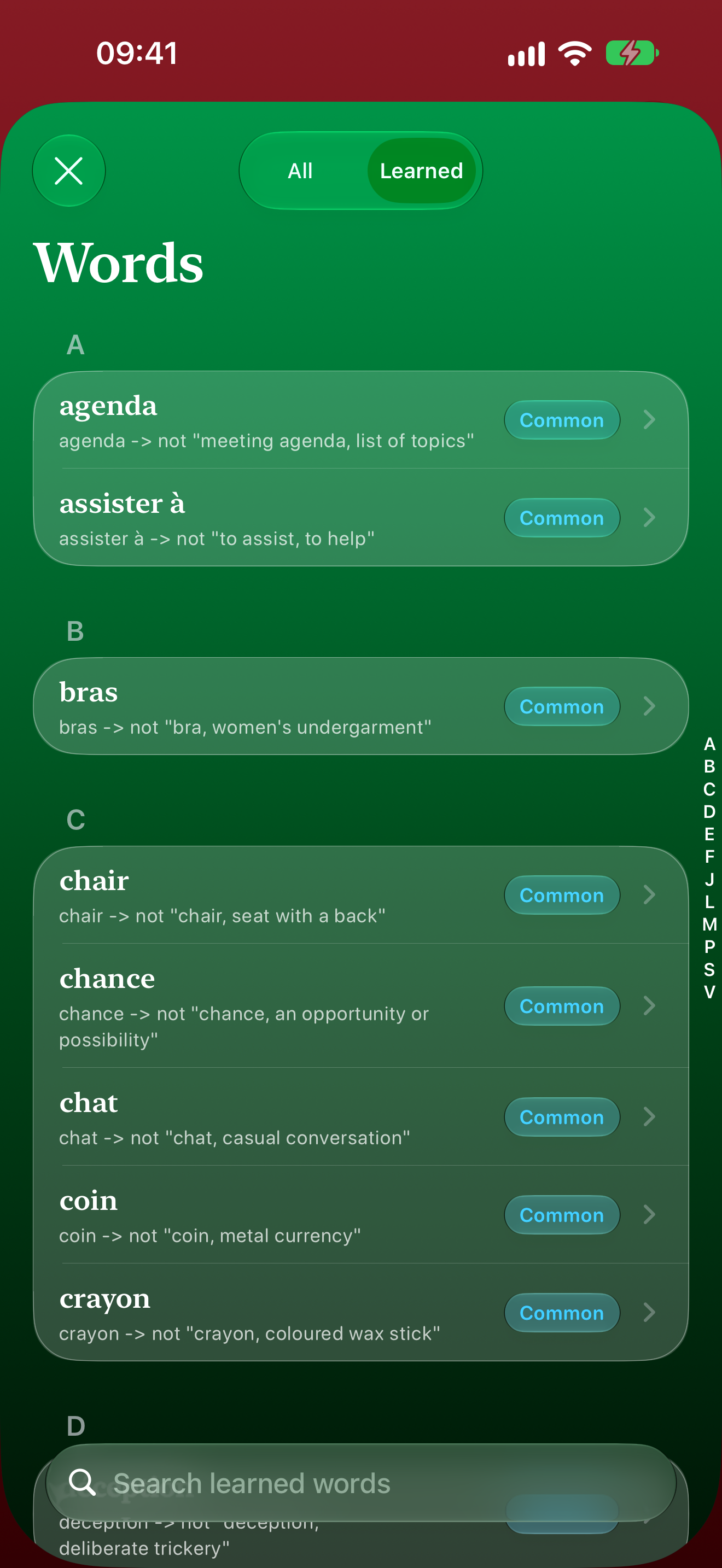 False Friends word list with learned filters, difficulty labels and search