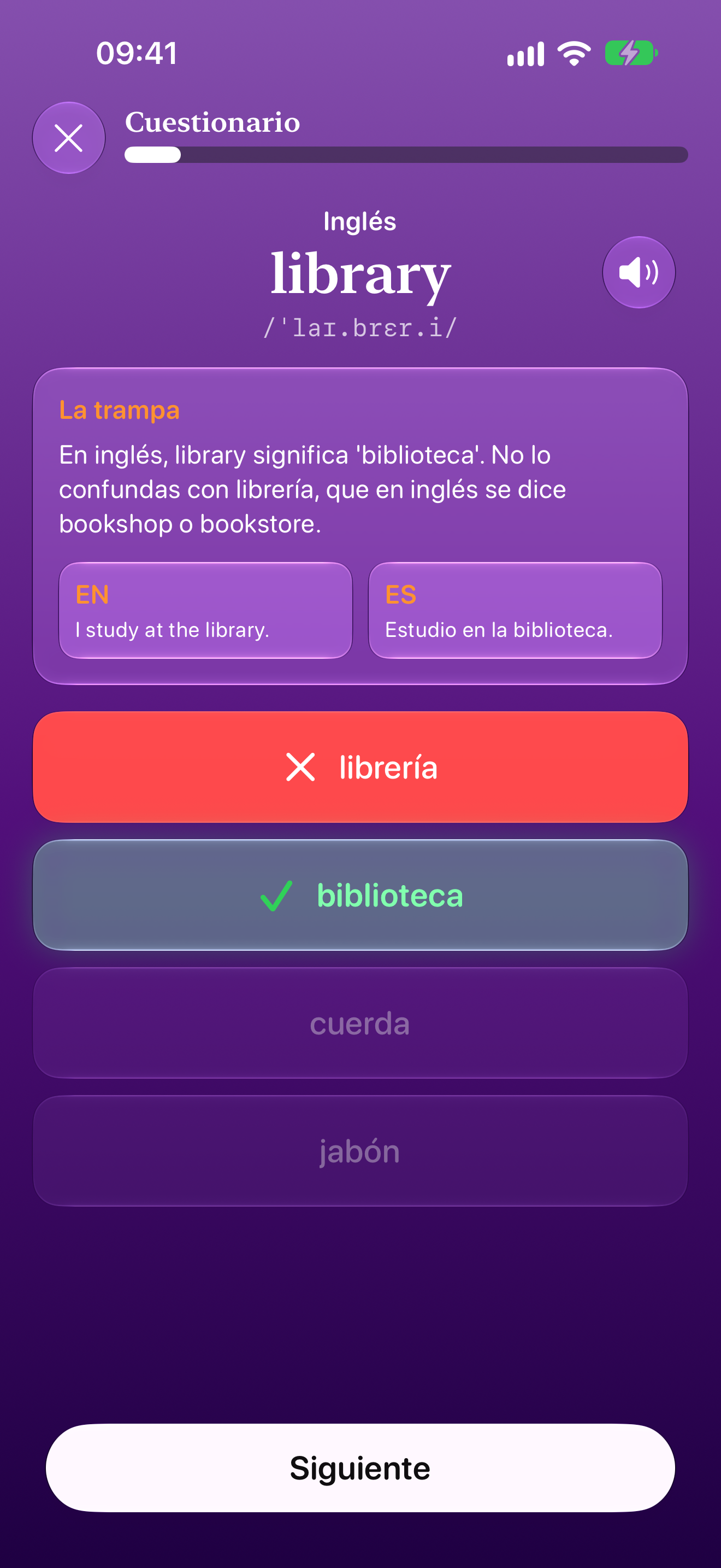 Respuesta de un cuestionario de Falsos Amigos que explica el significado real y la trampa