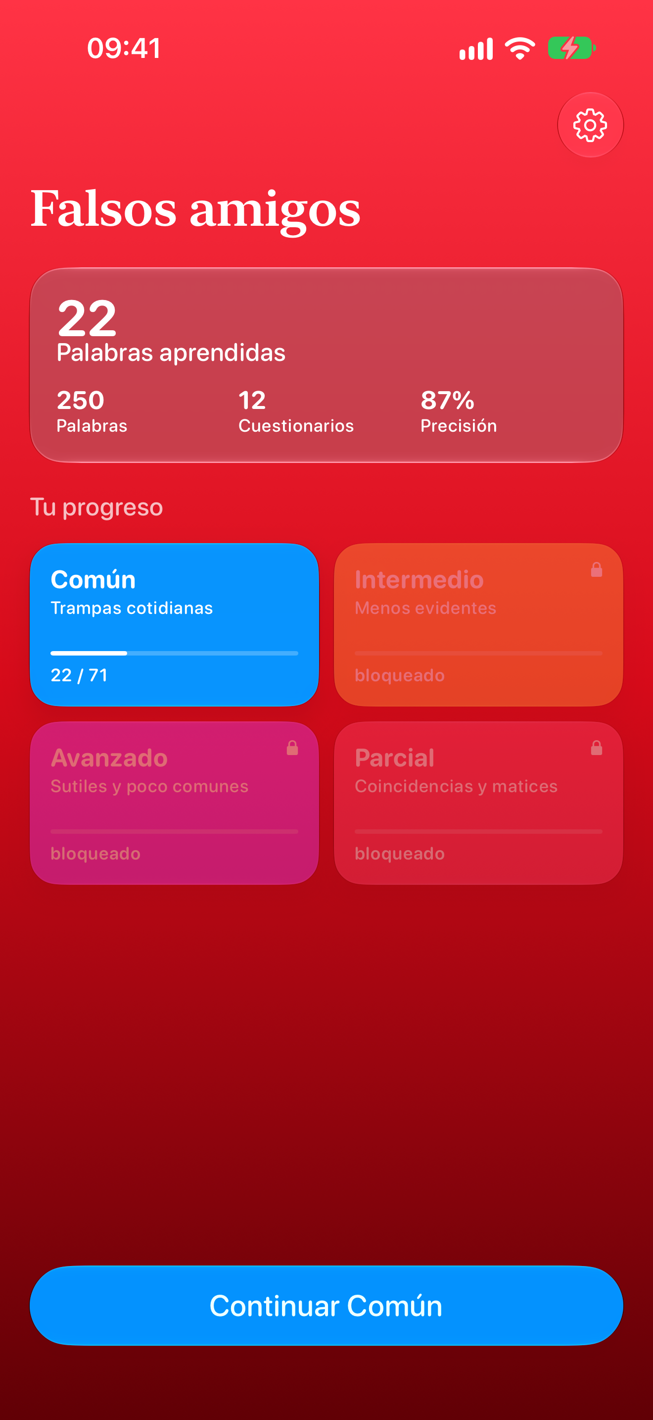 Pantalla de inicio de Falsos Amigos con palabras aprendidas, precisión y progreso por nivel