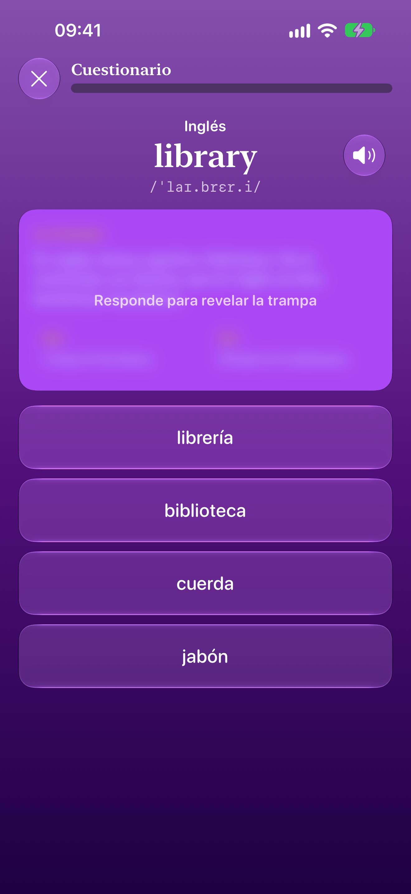 Cuestionario de Falsos Amigos que pregunta por el significado de una palabra