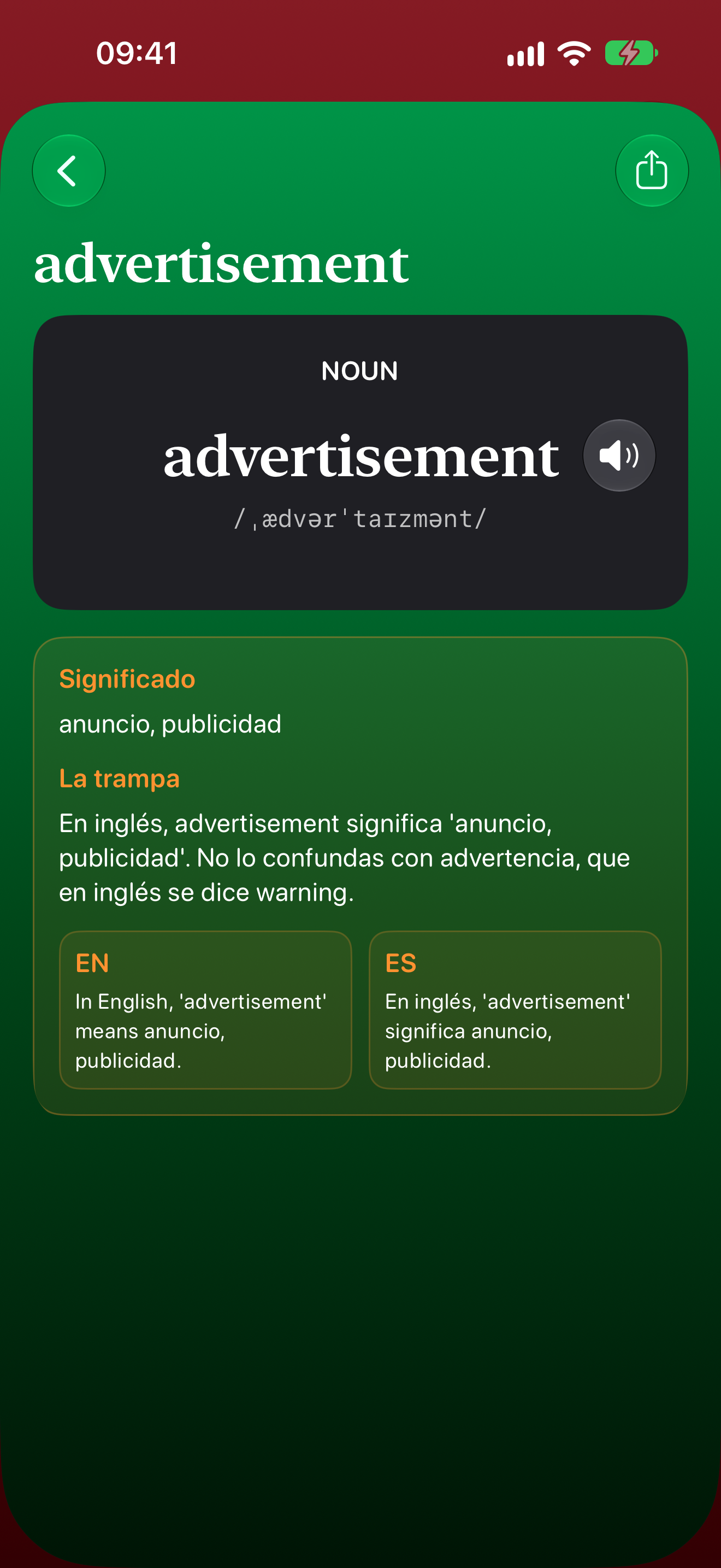 Ficha de palabra de Falsos Amigos con significado, trampa, ejemplos y control de pronunciación