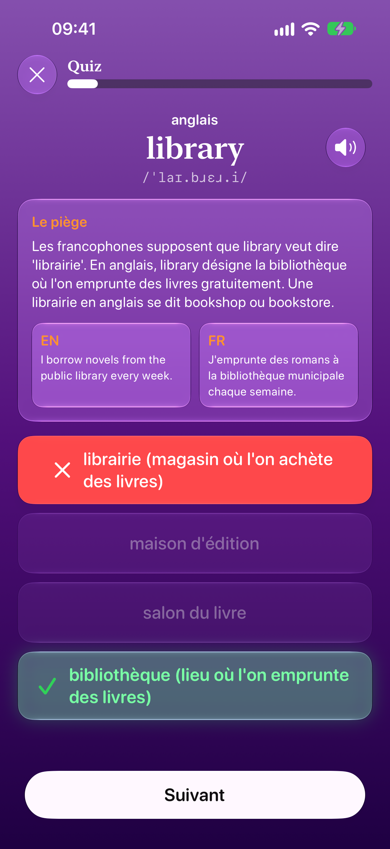 Réponse à un quiz Faux Amis expliquant le vrai sens et le piège