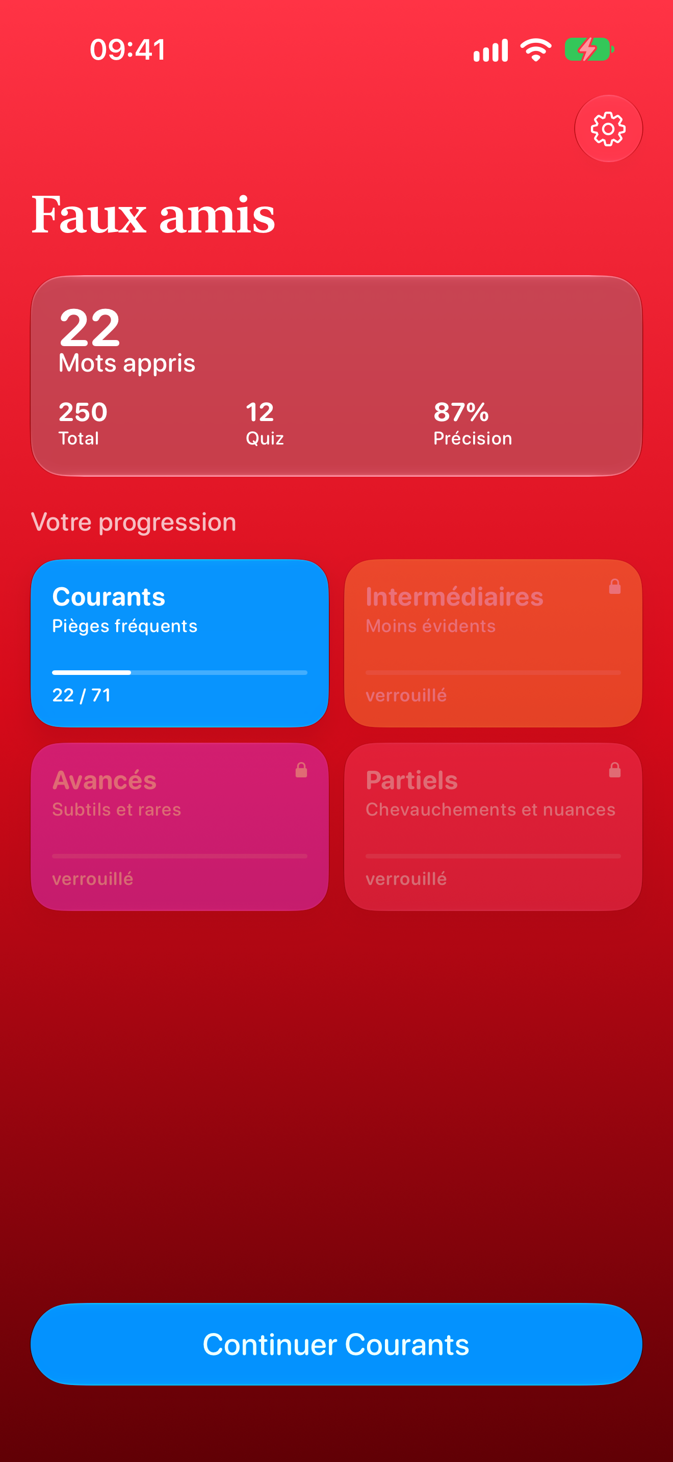 Écran d’accueil de Faux Amis avec mots appris, précision et progression par niveau