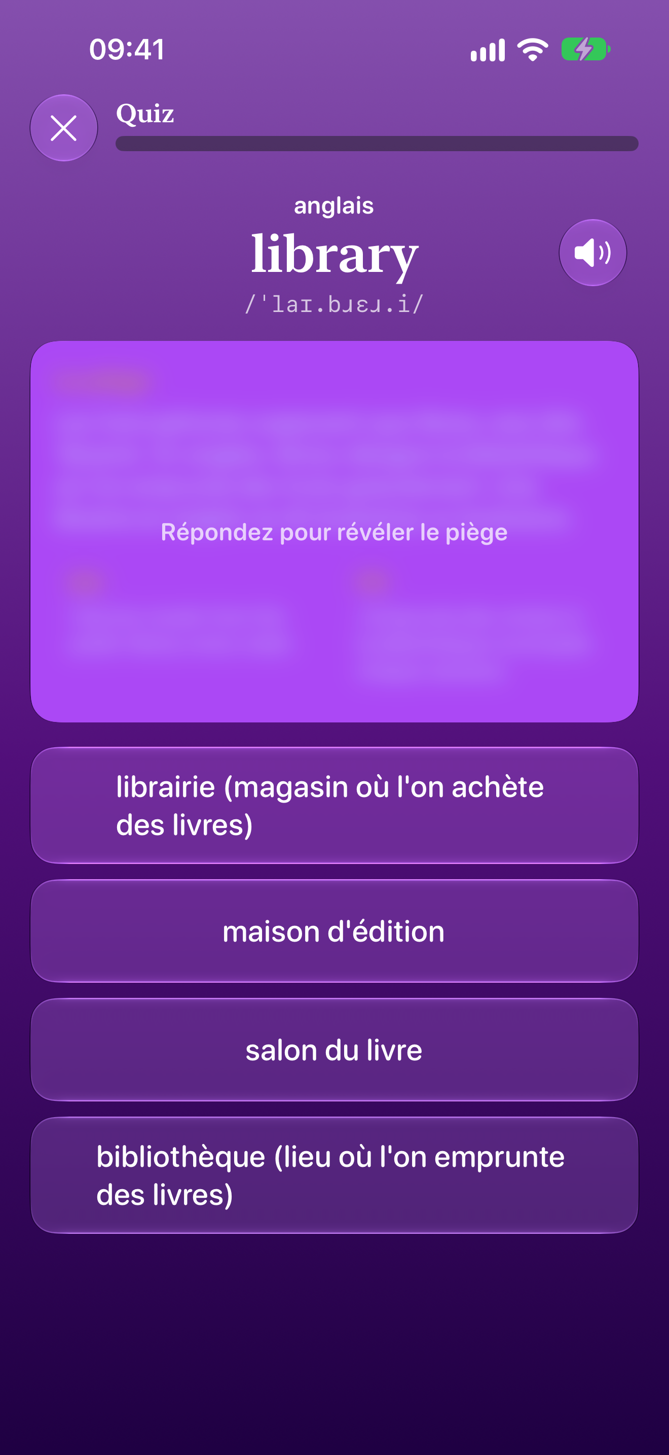 Quiz Faux Amis demandant le sens du mot anglais library