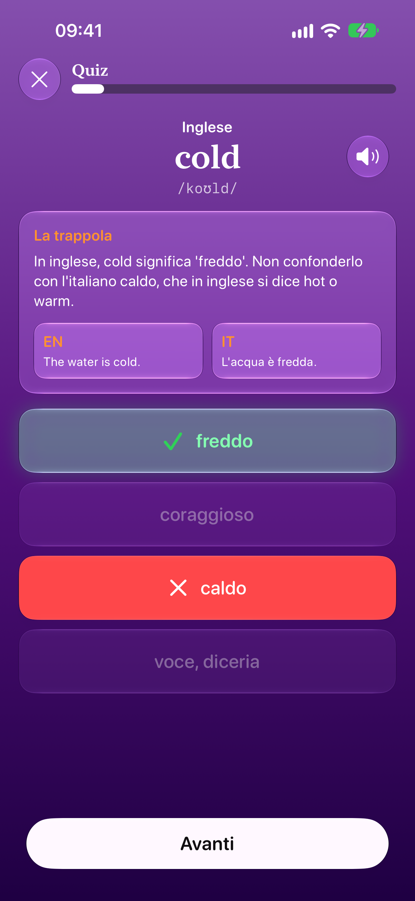 Risposta a un quiz di Falsi Amici che spiega il significato corretto e il tranello