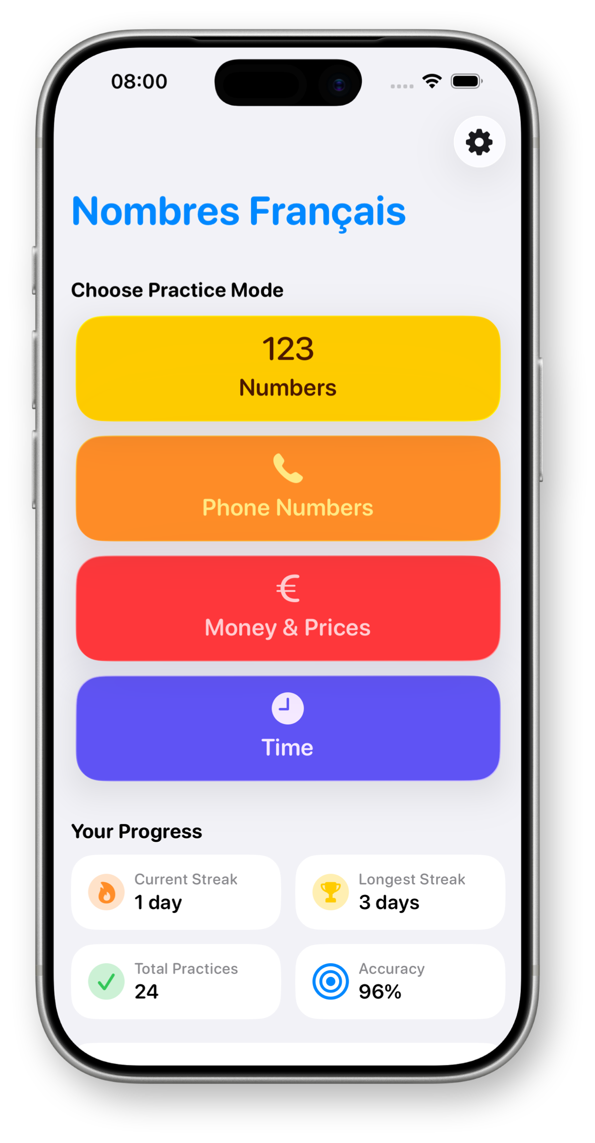 French Numbers app landing screen with available practice modes