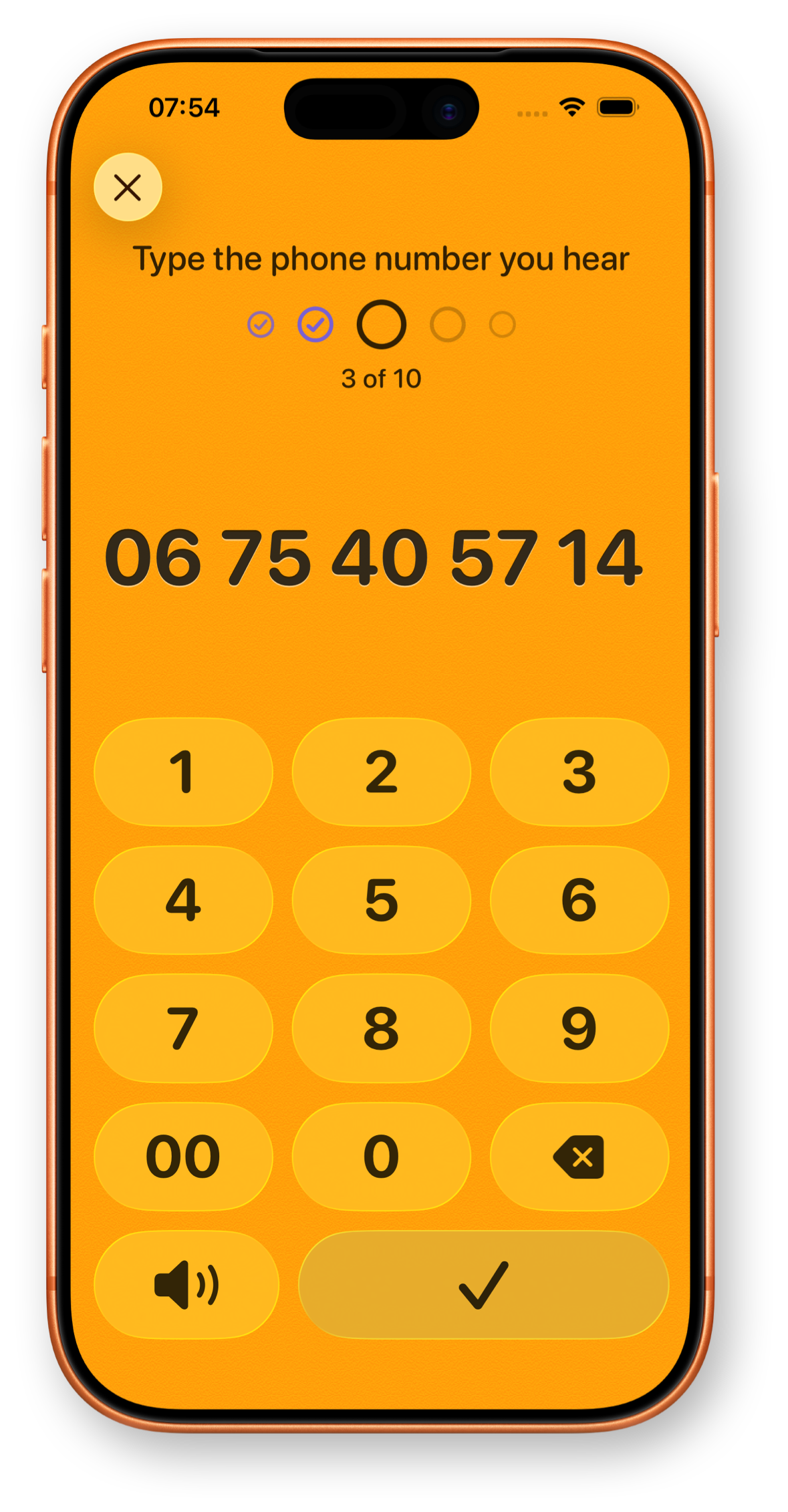 French Numbers app showing phone numbers practice