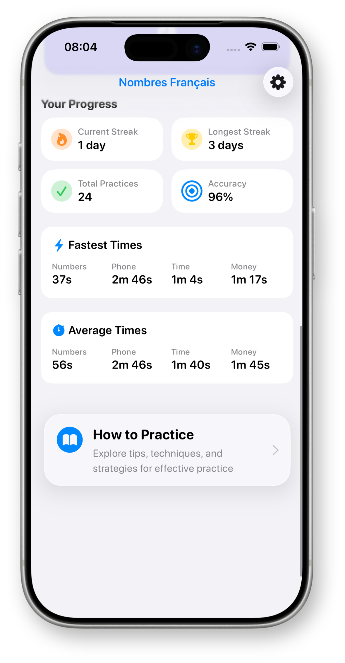 French Numbers app showing progress dashboard