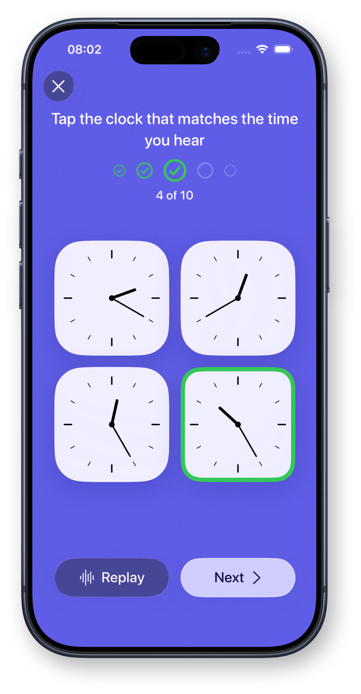 French Numbers app showing time practice